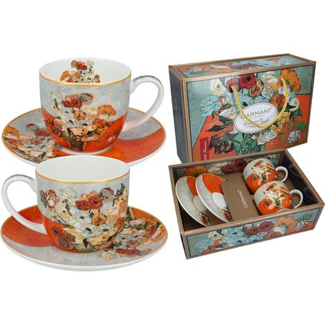 Set aus 2 Tassen mit Untertassen, Van Gogh Rosen, Carmani Geschenkset (1/5)