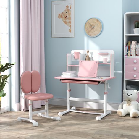 Ensemble bureau et chaise enfant réglables, table d'étude avec plateau inclinable, tiroir et étagère, rose (1/5)