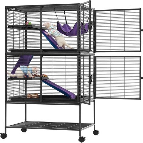Cage pour Petits Animaux en Métal 130 cm, Cage pour Furets à 4 Niveaux avec Roulettes, pour Furet, Chinchilla, Cochon d'Inde et Lapin, Barreaux Espacés 13,97 mm, Rampes, Hamac, Plateau et Portes (1/5)