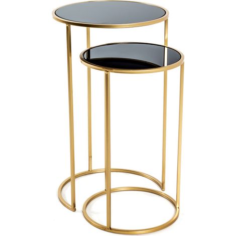 Lot de 2 tables d'appoint 30 et 35 cm en verre noir et métal doré (1/4)