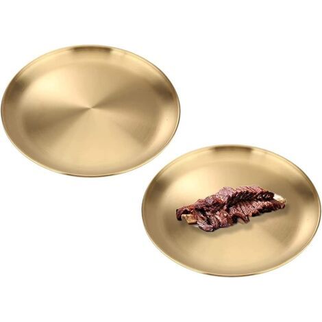 2 Pièces Plateau de Service, Plateau Rond en Métal, Décorative de Plateau, Va au Lave Vaisselle, pour la Cuisine, la Décoration de la Maison, la Réception, le Camping, le Pique Nique (Or) (1/5)