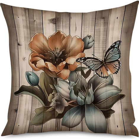 Housse de Coussin décoratif bois cérusé et fleurs pastel (1/5)