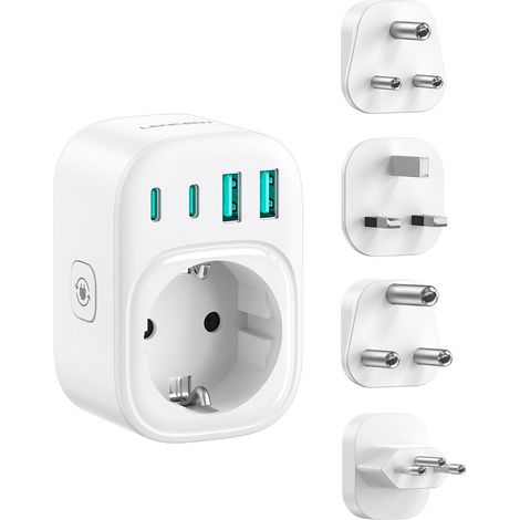 Adaptateur Prise Universell Compact avec 4 Fiches Type D G M N Prise Universel de Voyage avec fiches interchangeables, 2 USB-C+2 USB-A Compatible Inde UK Afrique du Sud Brésil HK Malaisie (1/5)