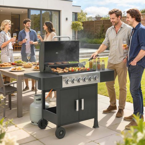 Barbacoa de Gas con 6 Quemadores Termómetro Parrilla Mesas Laterales Armario y Ruedas 135x51x101 cm Negro (1/5)
