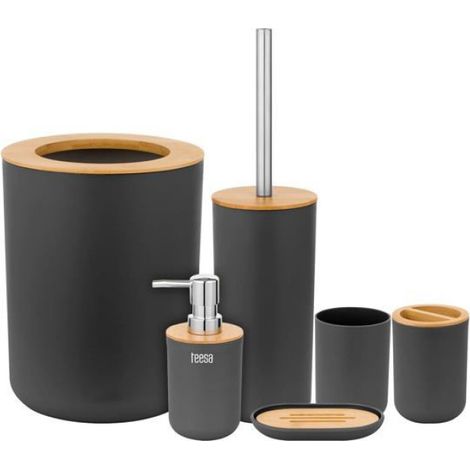 Set Accessoires Salle De Bain - Plastique Et Bambou - Pour Salle De Bain Moderne - 6 Pièces - Noir (1/4)