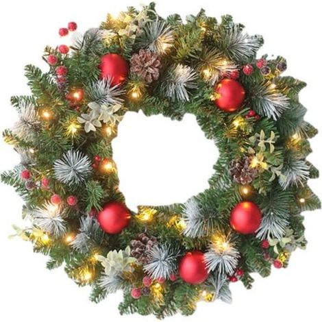 Couronne de Noël pour porte d'entrée, décoration avec pommes de pin, baies et flocons de neige, 30 cm, 20 LED lumineuses (1/5)