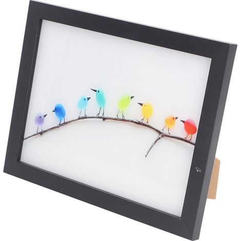 Décoration murale en verre de mer avec oiseaux arc-en-ciel, cadre photo artistique en verre de mer et cadre en bois. (1/5)