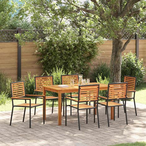 Ensemble repas de jardin 7 pièces en acacia et polyrotin noir, table et chaises - PANGIVO (1/5)