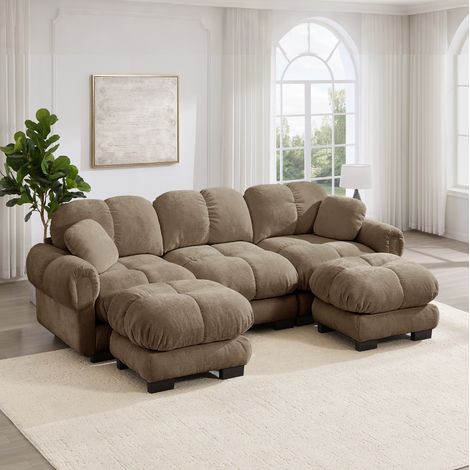 Canapé modulable 3 places marron en chenille avec ottomane mobile et coussins épais (1/5)