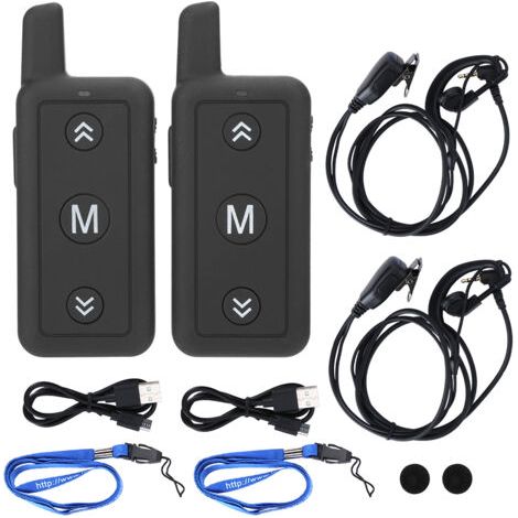 2 Mini-Walkie-Talkies (1 W, 400–480 MHz) mit Mikrofon, Headset, Ohrhörer und Haken (1/5)