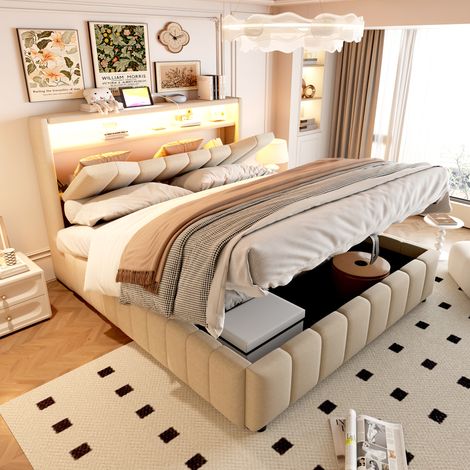 Cama tapizada de 140x200 cm con espacio de almacenamiento debajo, cama multifuncional con sistema hidráulico, tira LED en el cabecero, puertos de carga USB y USB-C. (1/5)