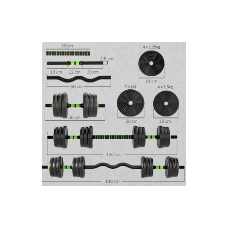 Manubri regolabili 20 kg, set 3 in 1 con barra lunga e barra EZ, verde DESVIAE (1/5)