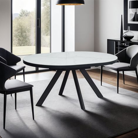 M&S – Table à manger extensible 160-200 cm en céramique effet marbre blanc – Pieds en métal anthracite – Design moderne et élégant