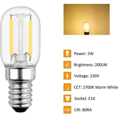 Ampoule LED E14 2W pour Refrigerateur, T22, Blanc Chaud 2700K, 230V, Petit LED E14 lot de 2 [Classe énergétique A++] (1/4)