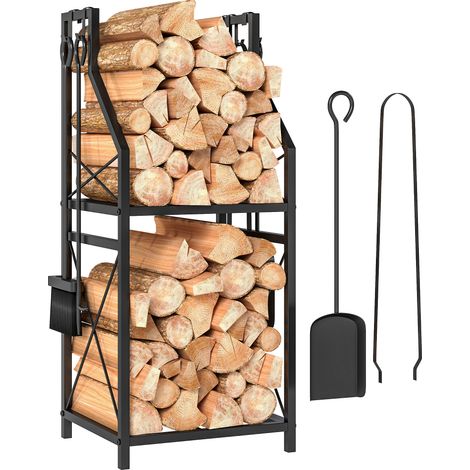 Metall-Holzregal, 2-stöckig, mit 4 Werkzeughaken, 34 x 30 x 80 cm, schwarz (1/5)