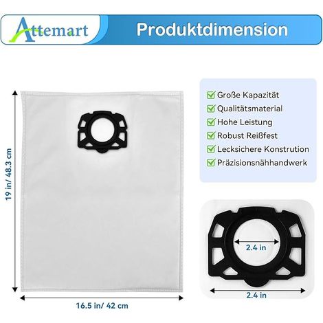 Attemart KFI 487 Sacs à poussière pour Kärcher aspirateur WD4 WD5 WD6 WD5P WD6P Premium MV4 MV5 MV6 KWD4 KWD5 KWD6 KNT4 accessoires Sacs aspirateur compatible avec Kärcher 2.863-005.0, 12 pièces (1/5)