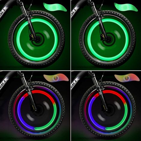 Lot de 4 Feux de Roue LED Vert + Multicolore, Rayons de Vélo VTT, Vélos de Montagne, Cyclisme, Adultes et Enfants, 3 Modes de Clignotement (1/5)