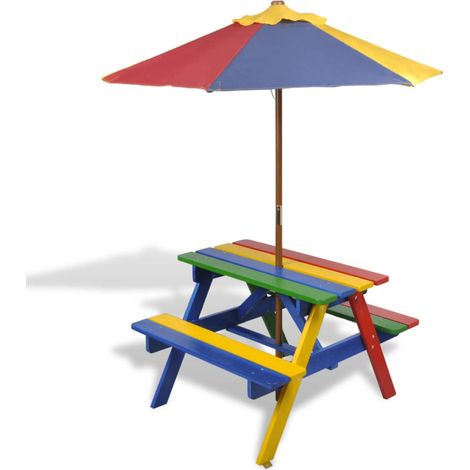 Mesa de picnic y bancos de niños y sombrilla madera multicolor vidaXL