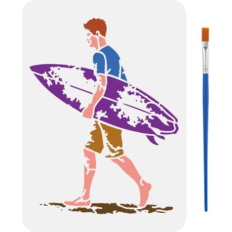 Pochoirs de Surf avec un Pinceau 29,7x21cm Pochoirs de Peinture de Personnes Pochoir de Thèmes d'Été Réutilisable PET Thèmes Humains Gabarit PET pour Bois Sol Mur Tissu Meuble DIY (1/5)