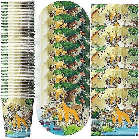 Lot de 60 pièces sur le thème du Roi Lion : vaisselle, gobelets, assiettes et serviettes pour une fête d'anniversaire ou une baby shower.