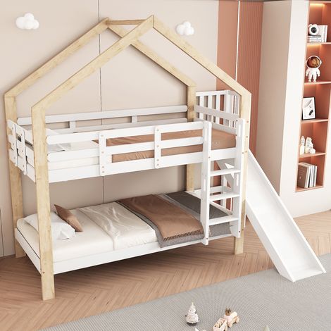 Fortuna Lai – Lit superposé 90x200cm – lit cabane enfant avec toboggan et échelle sécurisée – bois massif blanc et naturel – certifié EN747 (1/5)
