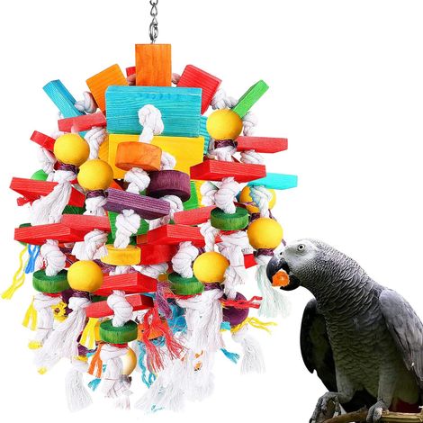 Jouet Perroquet Mordillant Blocs Bois Multicolores, Coton Corde, 50x25cm, Grand Ara Gris Africain (1/5)