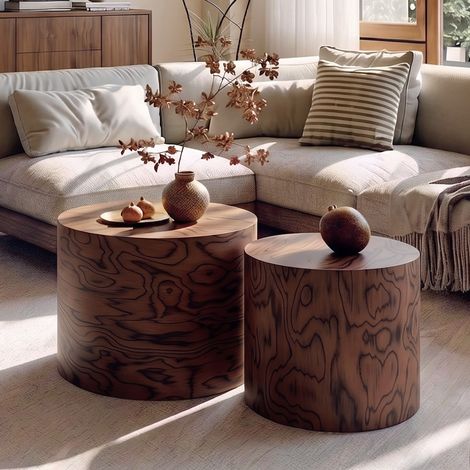 Pack de 2 mesas de centro redondas nido efecto tronco MDF marrón oscuro OKMYHOME (1/5)