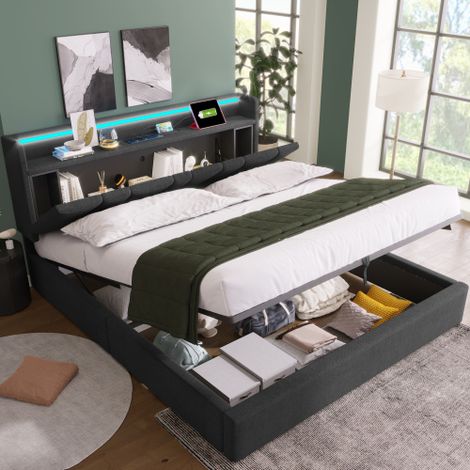 Lit coffre rembourré 140x190cm - avec LED et ports de chargement - tissu en lin - avec sommier à lattes - Gris (sans matelas)