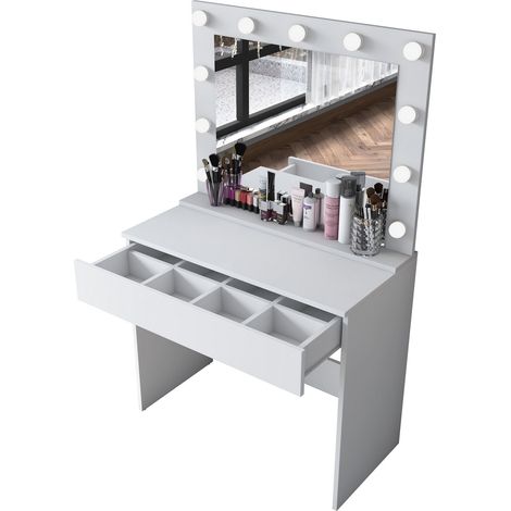 Toeletta Veggiano, Mobile da Trucco Specchio Incluso, un Cassetto, Luci Incluse, 90x45x77h cm Bianco