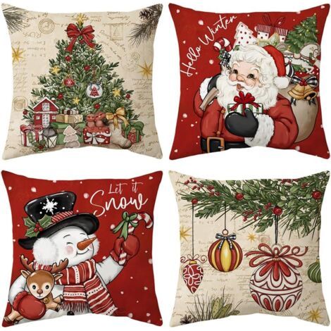 QORVA-Housse de Coussin Noël, Noel Housse Coussin 45x45 Lot de 4 Coussin de Noel Taie d'oreiller Décoratif Canapé pour Chambre, Canapé, Chaise, Lit,Jardin