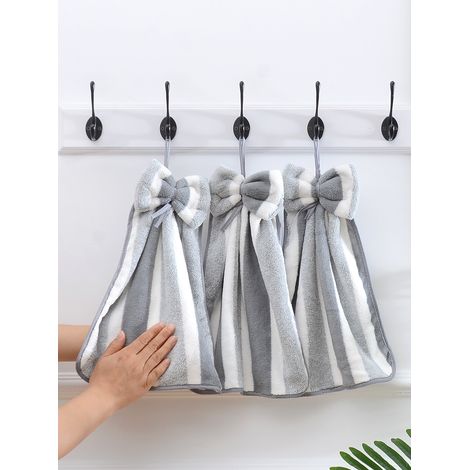 Lot de 3 serviettes en polaire corail, motif nœud rayé créatif, douces et absorbantes, avec boucle de suspension, serviettes de cuisine. (1/4)