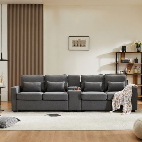 Divano 4 posti con console, 2 portabicchieri, 2 USB, tessuto effetto lino grigio scuro DESVIAE (1/5)