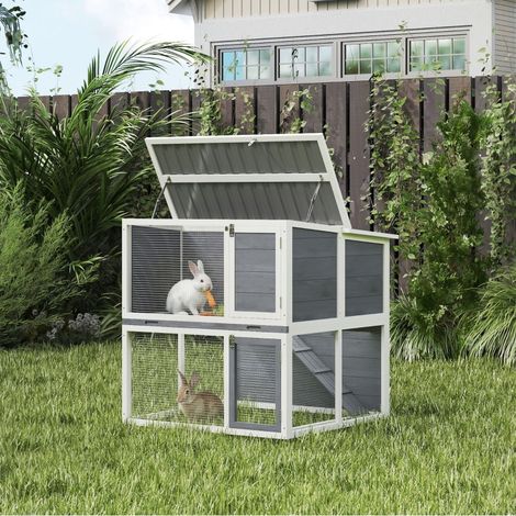 Clapier en bois 2 étages avec enclos et rampe gris 98 x 95 x 102,5 cm