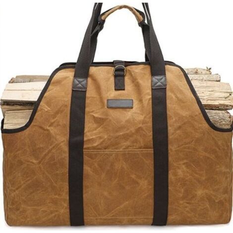 Sac pour Bois de cheminée, Panier en Bois, Sac de Transport pour Bois de Chauffage, Porte-Bois de cheminée, Toile cirée, imperméable, Extra Large, pour Bois de Chauffage, Marron