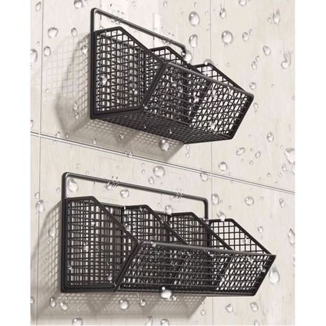 Hängender Obstkorb aus Metall für die Küchenwand, wandmontierte Zwiebelaufbewahrungskörbe, schwarz, 2 Fächer (1/5)