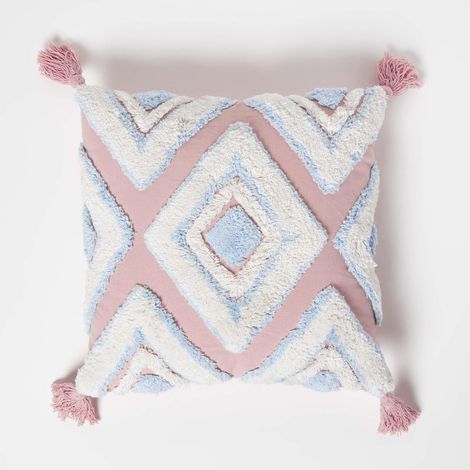 HOMESCAPES Blau-Rosa Tufted Kissen 45 x 45 cm - Boho Kissen mit Quasten, geometrisch