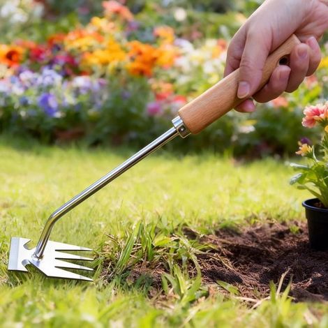 Arracher les mauvaises herbes, outil de désherbage avec manche en bois et acier inoxydable pour le jardinage et le traitement des pelouses. Outil poly (1/5)