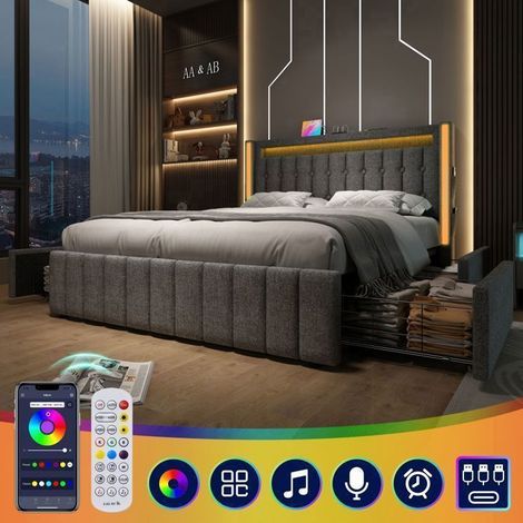 Lit Coffre 160x200 4 Tiroirs et LED - Lit Rembourré - Port USB C, Rangement Tête de Lit, Sommier Inclus, Lin Gris (1/5)