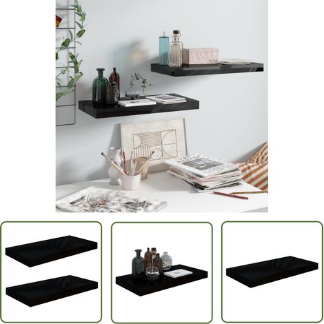 The Living Store Étagère murale flottante 2 pcs Noir brillant 50x23x3,8 cm MDF - Étagère Murale - Étagère Flottante - Rangement Mural - Décoration Murale - Meuble Déco (1/5)