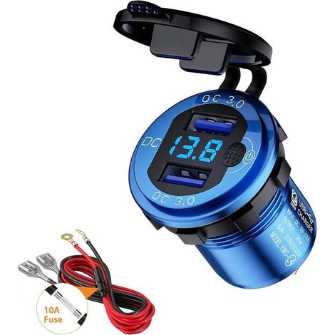 Chargeur de voiture USB Quick Charge QC 3.0 à double port 36 W, étanche, avec voltmètre numérique LED pour batteries 9 V - 32 V (bateau, moto, quad, bus, camion). (1/5)
