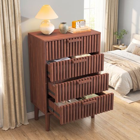 Kommode mit 4 Schubladen – 60 x 34 x 91 cm, skandinavisches Design mit gerillten Fronten – Walnuss-Finish – Massivholzbeine, Holzgriffe – Vertikaler Stauraum für Schlafzimmer und Wohnzimmer