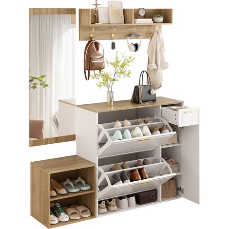 Ensemble vestiaire 4 pièces – avec meuble à chaussures, banc, portemanteau mural et miroir, ensemble complet de meubles d’entrée pour couloir et entrée, dimensions: B139.5 x T35 x H166 cm