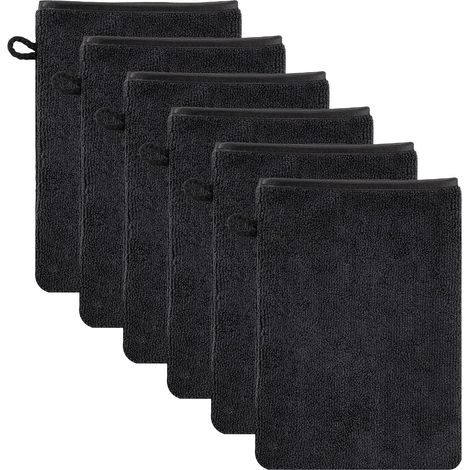 Lot de 6 gants de toilette en microfibre - 15 x 21 cm - Réutilisables - Pour le visage - Avec boucles de suspension - Noir