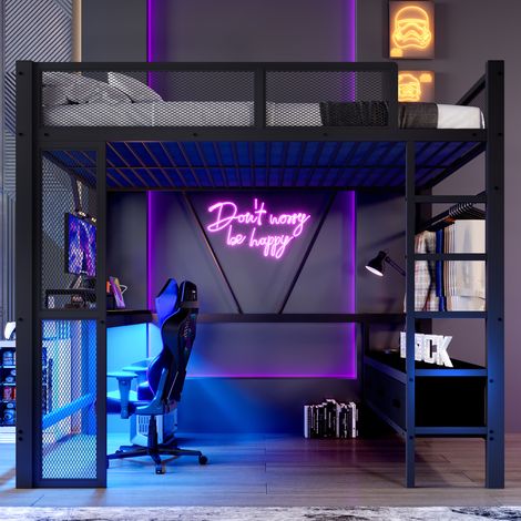 Lit superposé mezzanine métal 140x200 cm, noir, avec bureau intégré, penderie ouverte, 3 tiroirs, éclairage LED et port USB, chambre enfant ou ado. (1/5)