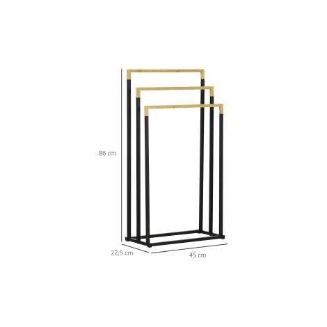 Porte-serviettes noir à 3 barres en acier et bambou avec rangement pratique et design moderne pour salle de bains et spa (1/5)