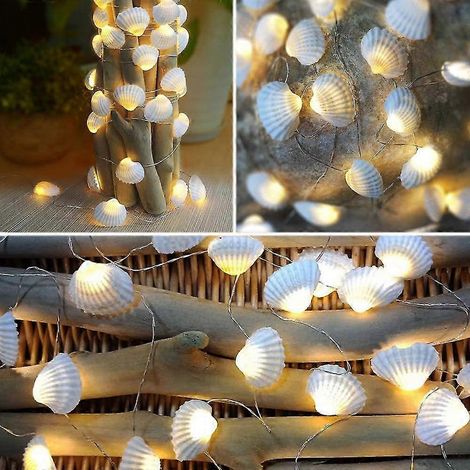 Guirlande lumineuse de 40 LED en forme de coquillage véritable (0,8 po de hauteur), 42 m (13,85 pi), à piles, étanche, blanc chaud, avec minuterie et télécommande, idéale pour une décoration sur le th (1/5)