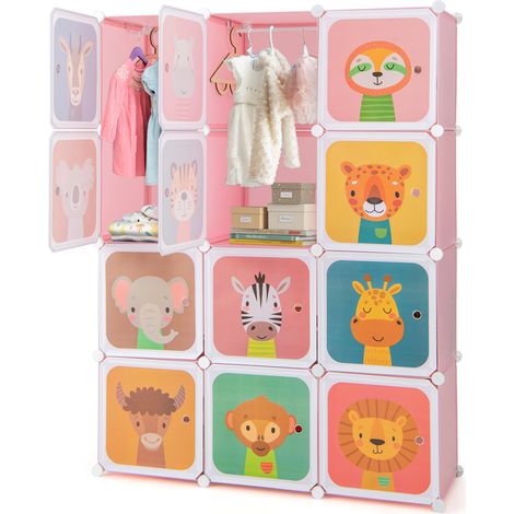 Armoire Cubes Modulaire pour Enfants à 12 Cubes avec 2 Sections Suspendues, Commode avec Jolis Motifs, Assemblage Facile, pour Chambre, Crèche, Rose (1/5)