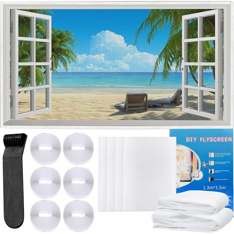 6-teiliges Fenster-Moskitonetz, 150 x 130 cm Fenstergitter mit 6 Rollen Klebestreifen, Moskitonetz, Insektenschutznetz, kein Bohren erforderlich, Fliegen- und Mückenschutz (Weiß) (1/5)