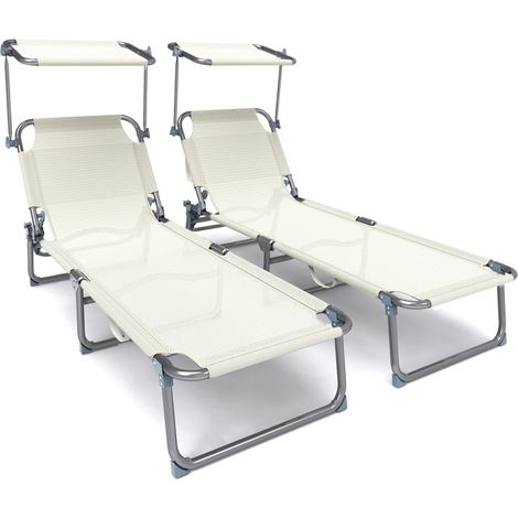 Lot de 2 Chaise Longue Bain de Soleil avec Pare Soleil Transat Pliable en Textilène avec Parasol Bain De Soleil inclinable en Textilène avec Charge Max 110KG Chaise Longue réglable Beige (1/5)