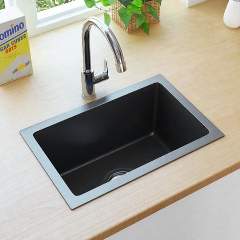 Évier de cuisine, fait main Bac Évier Équipement de Cuisine, avec crépine Noir Acier inoxydable OIB8121E (1/5)